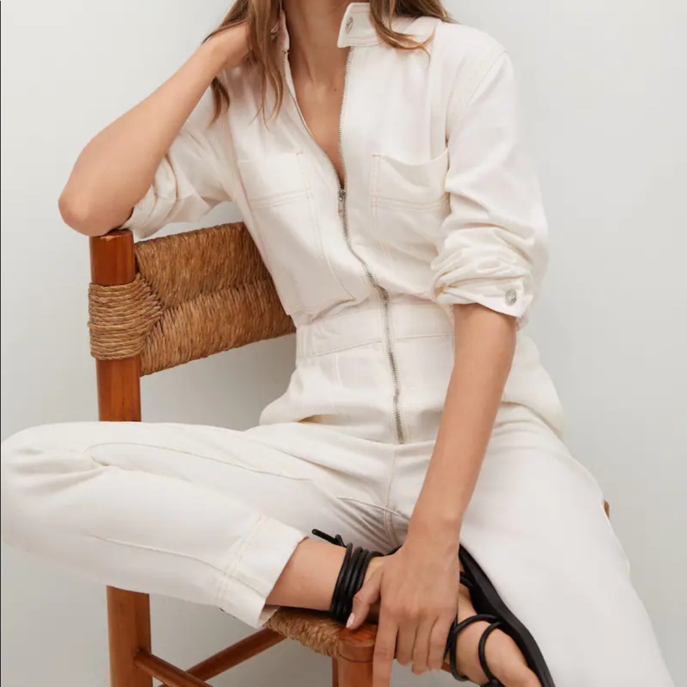 Mango Off-White Zip-Front Cotton Blend Overalls